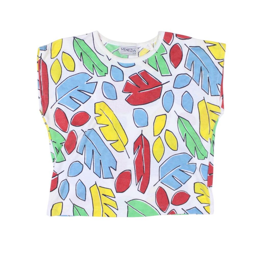 Vintage 80s 90s crop shirt t-shirt top colorblock feather print sz L summer